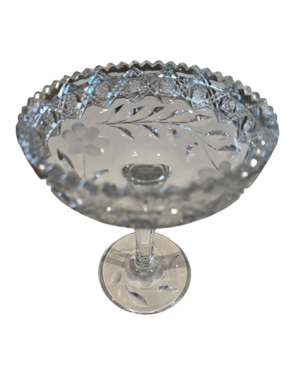 Cut Glass Etched Clear Compote Pedestal Dish Centerpiece 8" Tall Floral Vintage - Picture 2 of 13